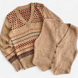 Vintage 2 Pc Sweater &  Vest Set Tan Tone Brown Orange Green Checkered Wool Knit